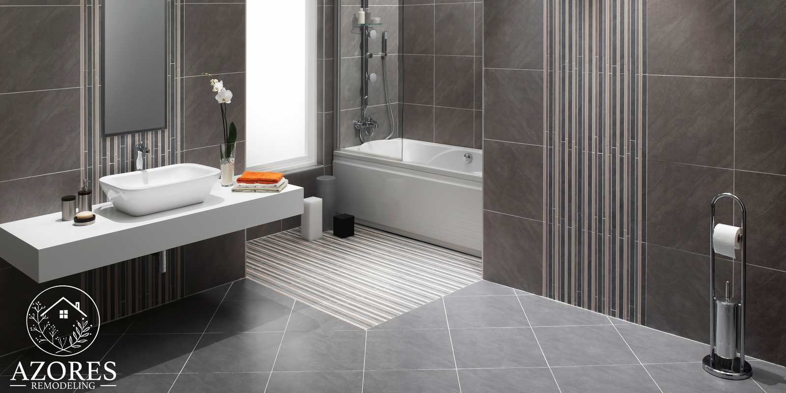 Luxury spa bathroom with frameless glass shower and floating vanity in DFW home